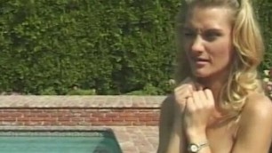 Blonde teen in cheerleader uniform gets pounded by the pool